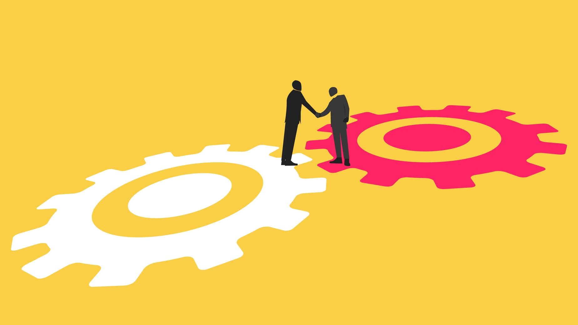 Illustration of two business people shaking hands while standing on different cogs.