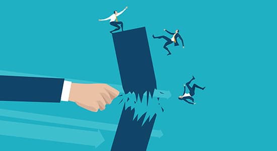 A large fist punches and breaks a tower 3 businessmen are standing on