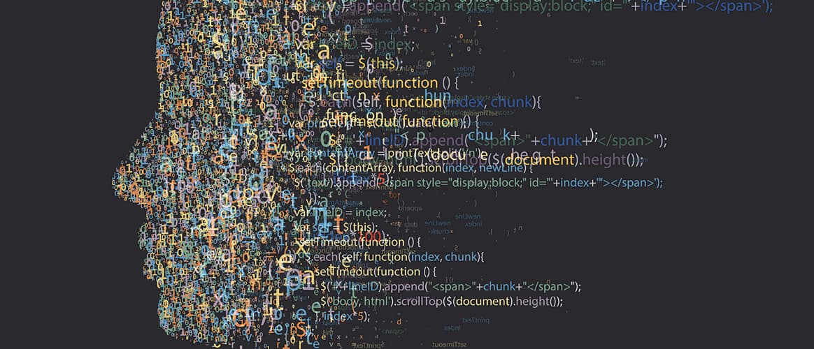 A human face made up of computer code