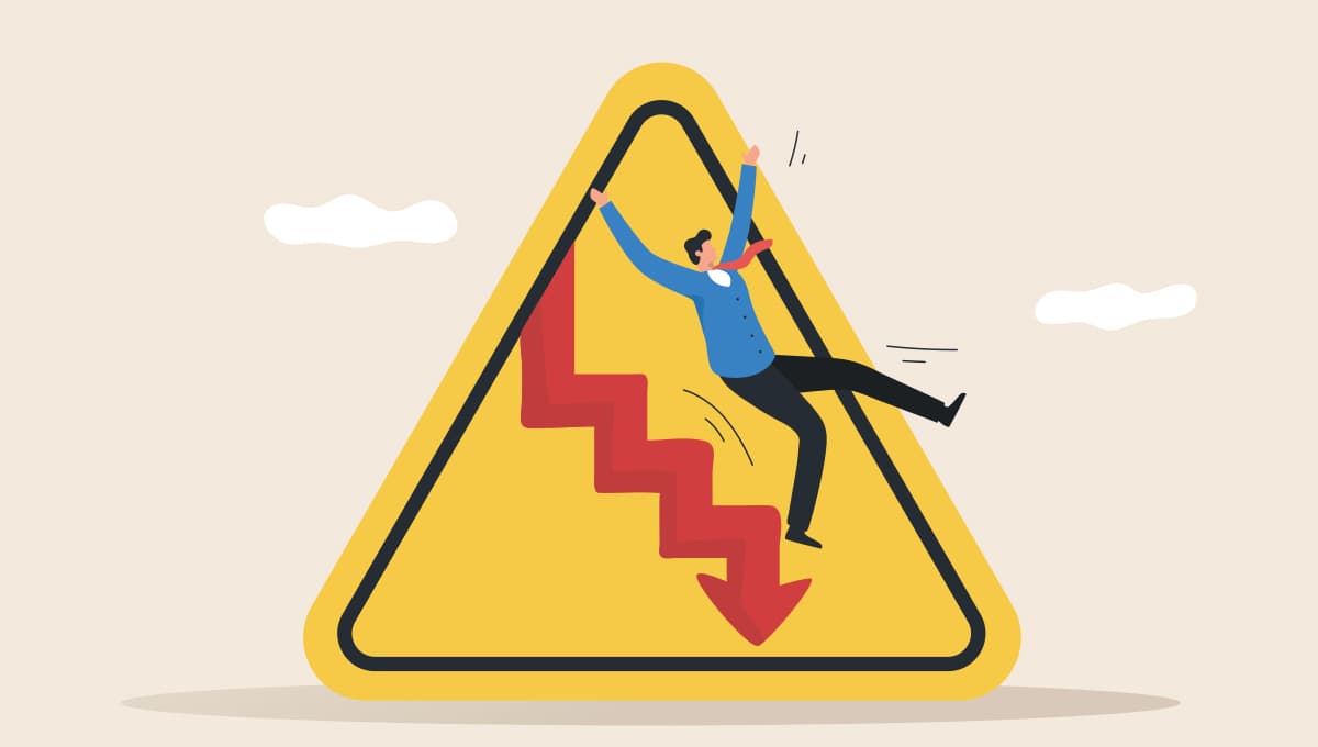 A yellow hazard sign shows a man falling down stairs