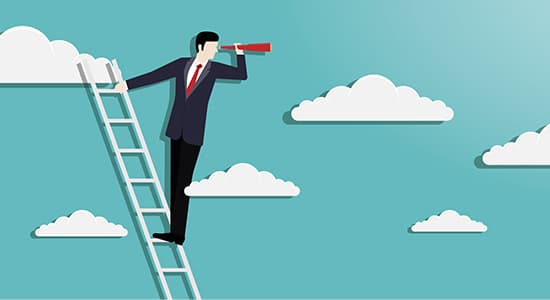 Business vision vector concept with business man standing on top of ladder above clouds