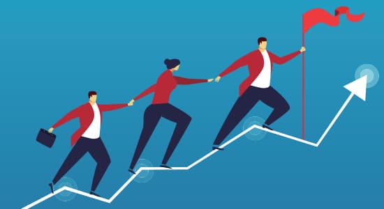 Figures climbing a graph with an arrow at one end, ready to plant a flag