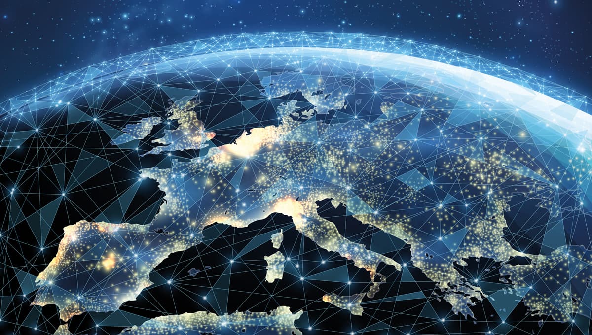A digital rendering of the view of Europe from space