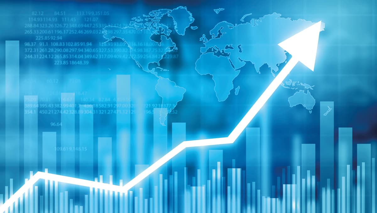 A glowing arrow points upwards in front of a bar chart, signalling growth