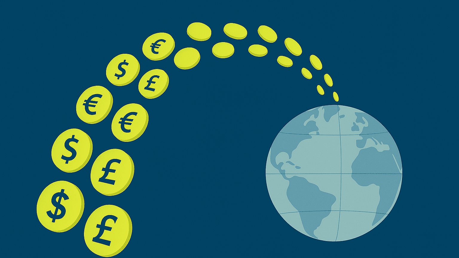 Image of coins with different currencies going towards the Earth.