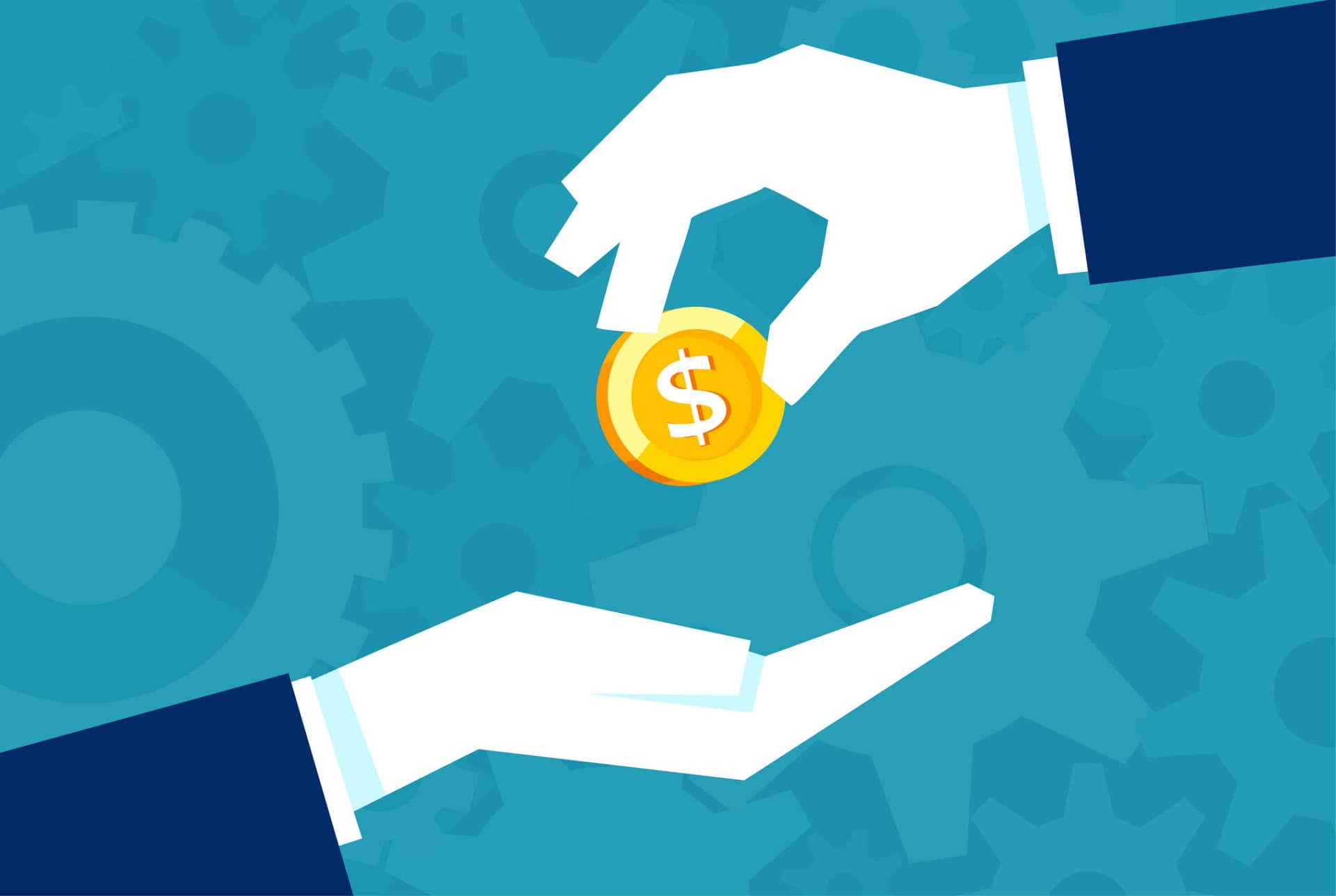 Businessman gives man a gold coin. Transfer of cash from hand to hand. Financial concept of borrowing money