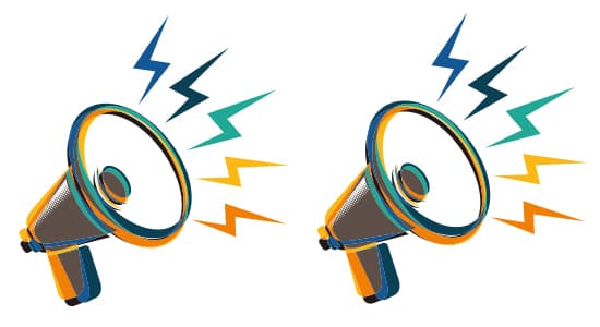 An illustration of two megaphones side by side with soundwaves coming from their speakers