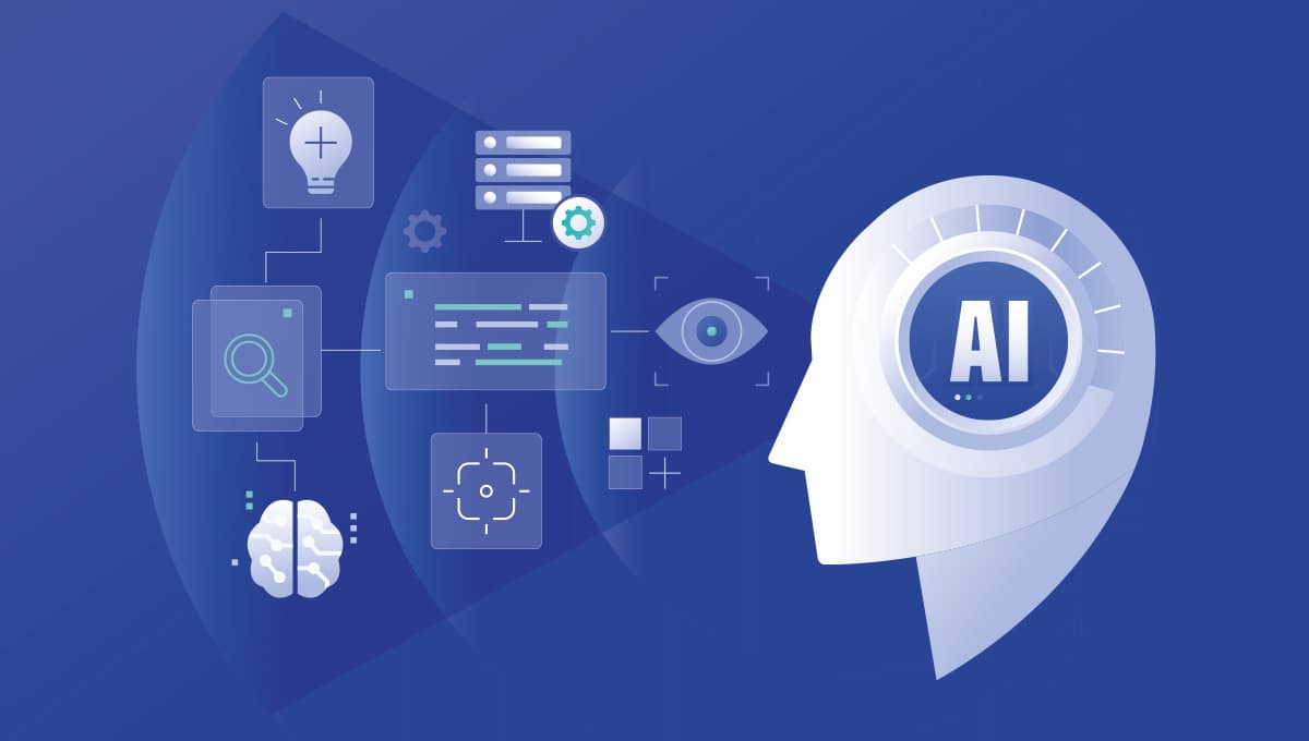 AI processing illustration with brain and various IT devices