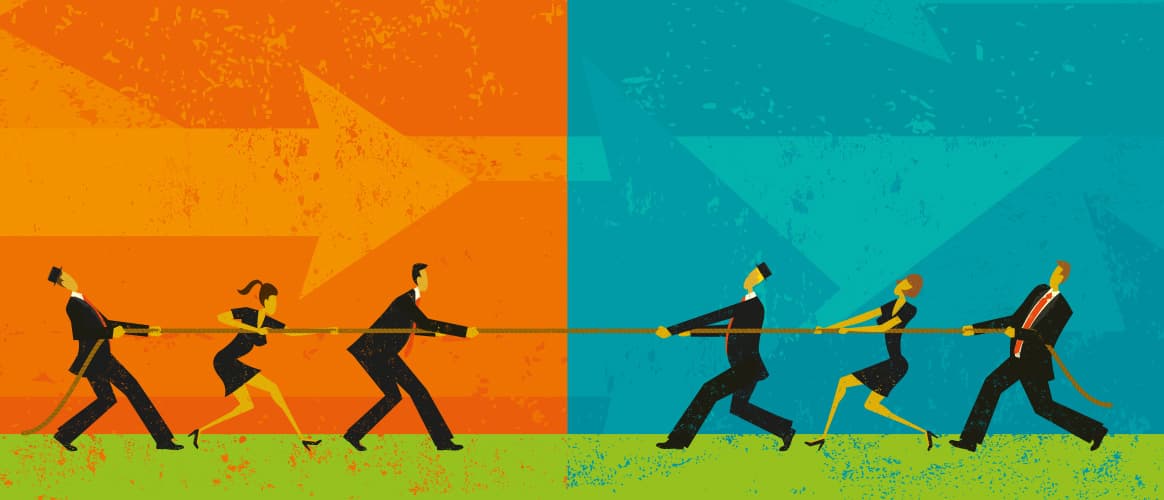 6 businessmen play tug of war with a large rope