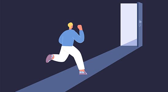 Figure running towards an open doorway