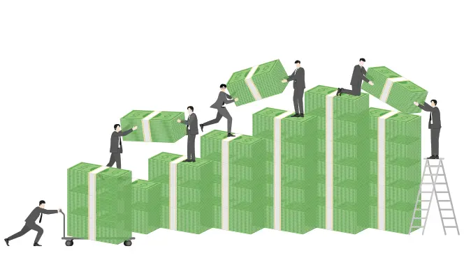 People in suits stack giant wads of cash into ever increasing piles