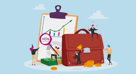 An illustration of businessmen and women looking at charts and graphs