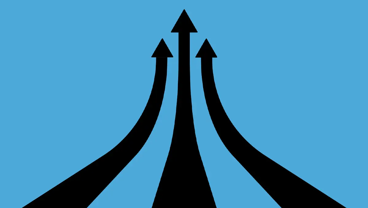 Three black arrows heading up on a blue background